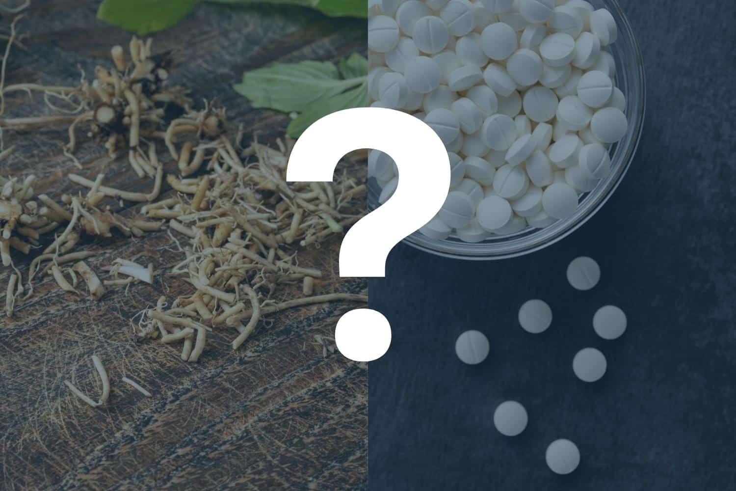 Image split between Valerian Root for Sleep vs. Melatonin on the left and a bowl of white pills on the right, separated by a question mark, posing a comparison in health approaches.