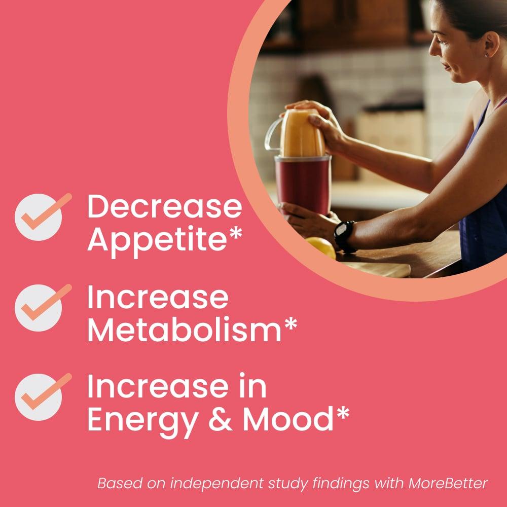 Promotional image for 'Weight Drops THCV Tincture' with claims of decreased appetite, increased metabolism, and a boost in energy and mood, as verified by an independent study with MoreBetter. The visual features a woman blending fruits, embodying an active, healthy lifestyle.