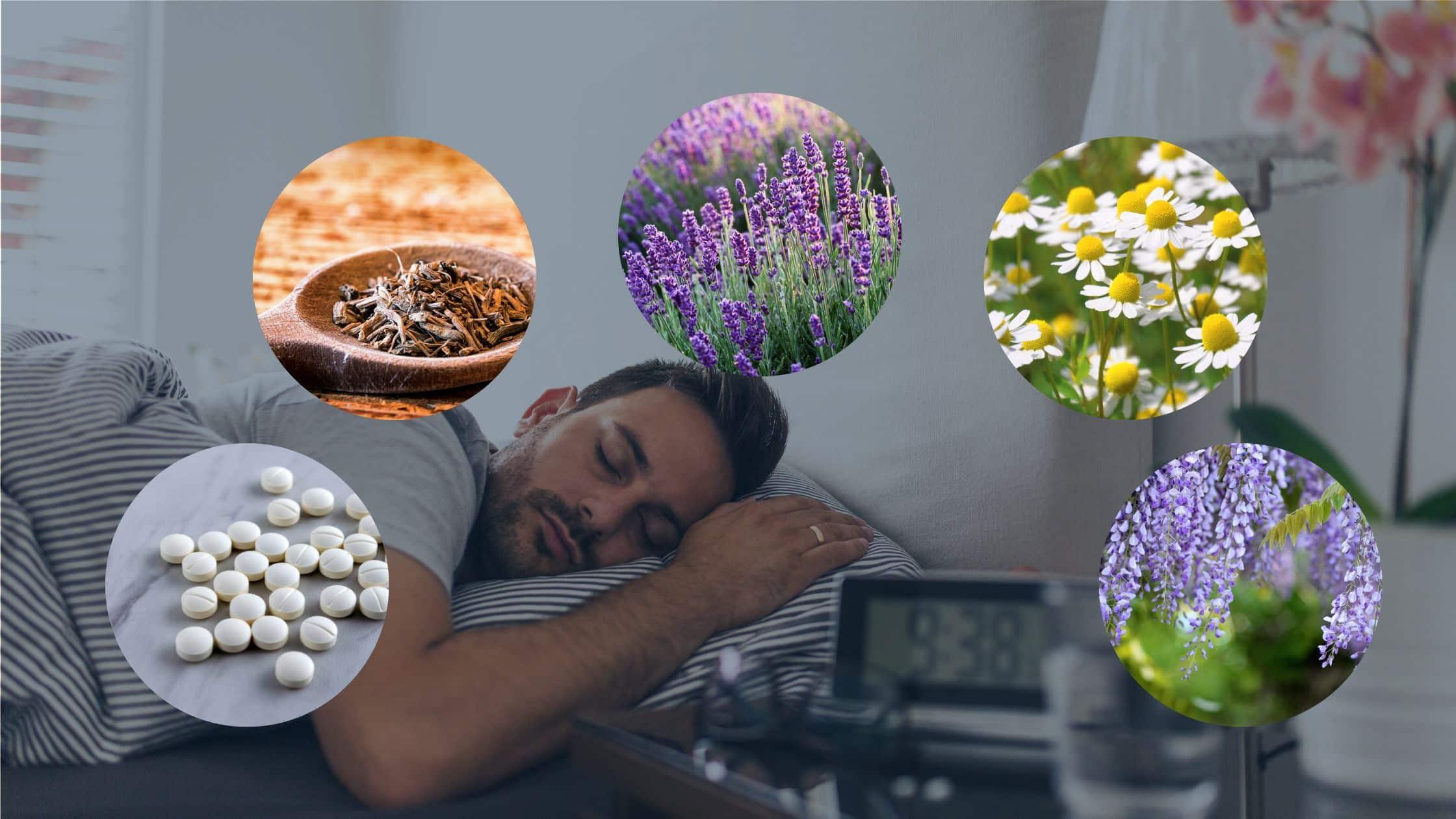 Man sleeping peacefully with various Slumber CBN and CBD sleep aid products displayed on a bedside table, emphasizing relaxation and wellness.