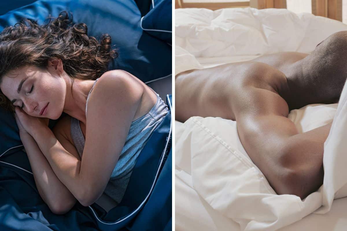 Individuals sleeping in recommended positions: a woman on her side (the healthiest position to sleep), and a man on his back, both illustrating restful slumber.
