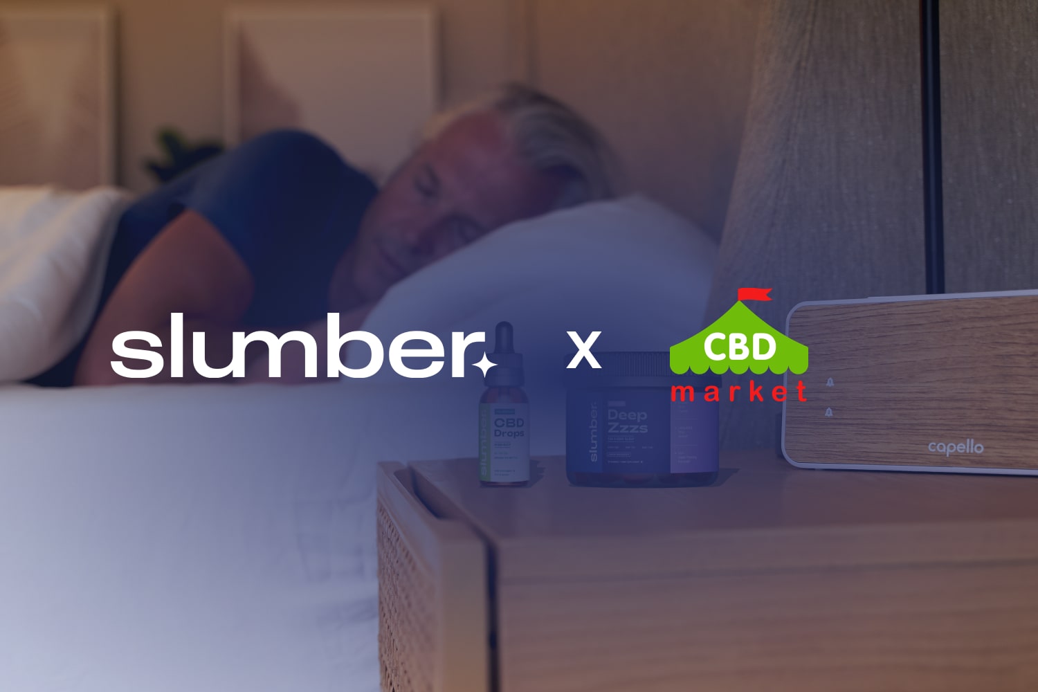 Man sleeping in bed, Slumber logo with CBD Market