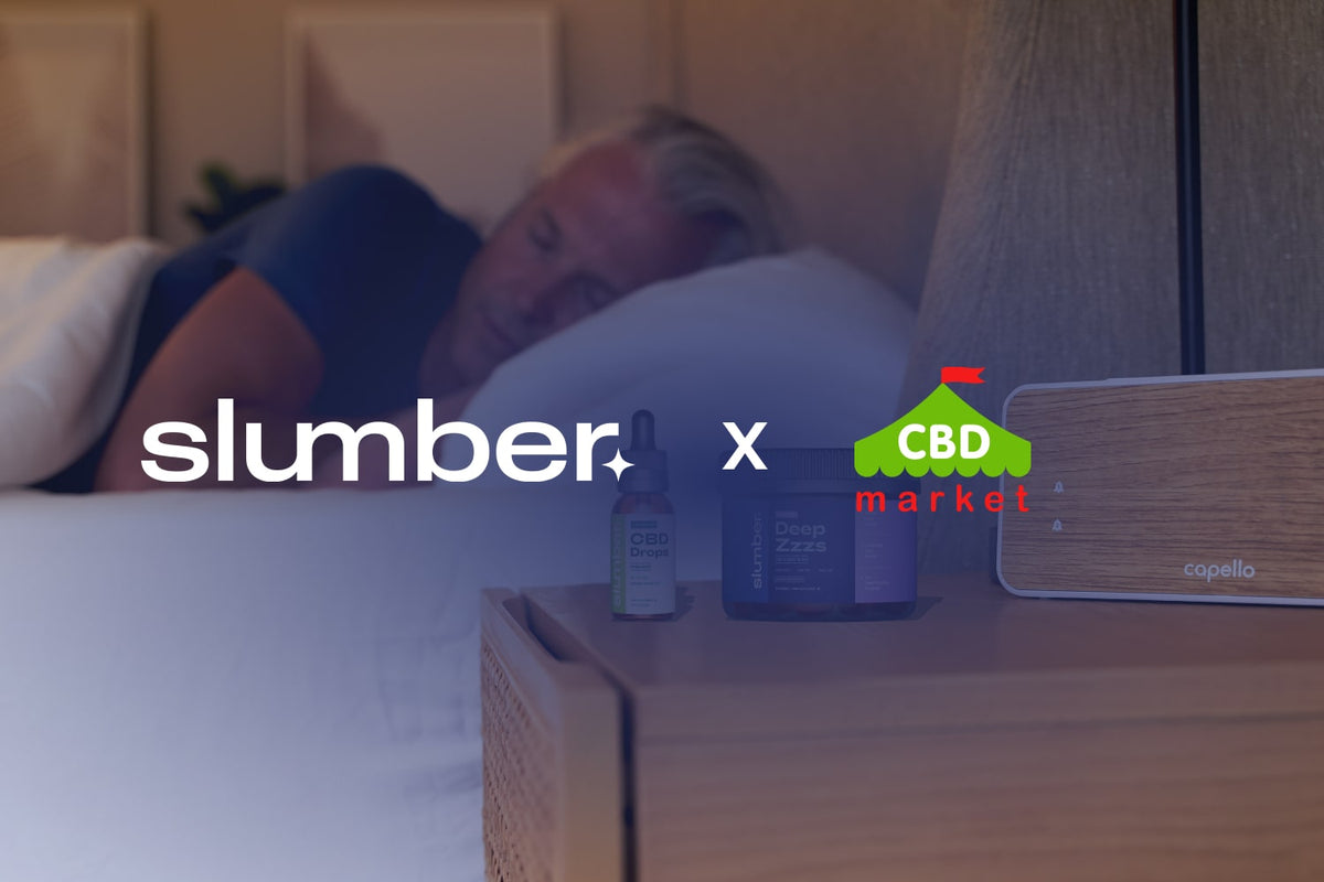 Man sleeping in bed, Slumber logo with CBD Market