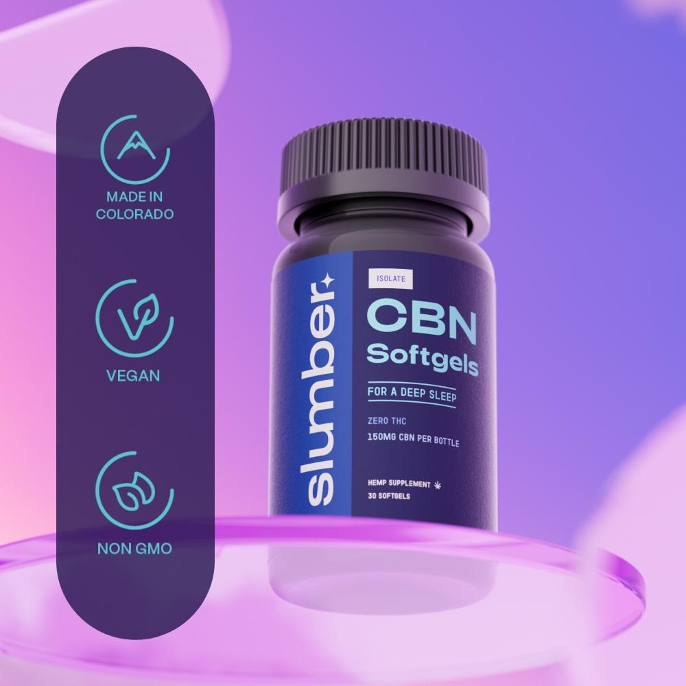 A bottle of 'Slumber CBN Softgels' is featured alongside a vertical banner listing the product's attributes: made in Colorado, vegan, and non-GMO, all set against a purple and pink illuminated background.