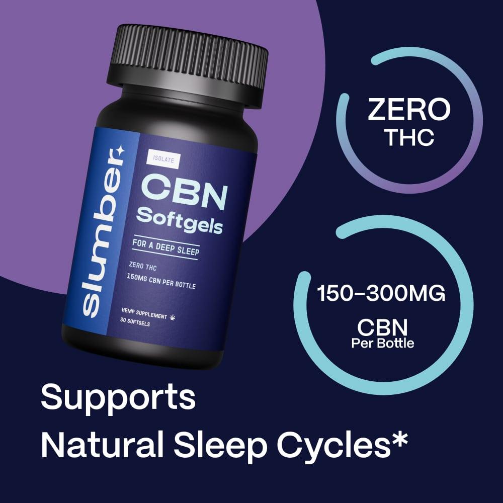A 'Slumber CBN Capsules' container and infographic highlighting benefits such as supporting natural sleep cycles, containing 150-300mg of CBN per bottle, and being THC-free, set against a purple backdrop with design accents.