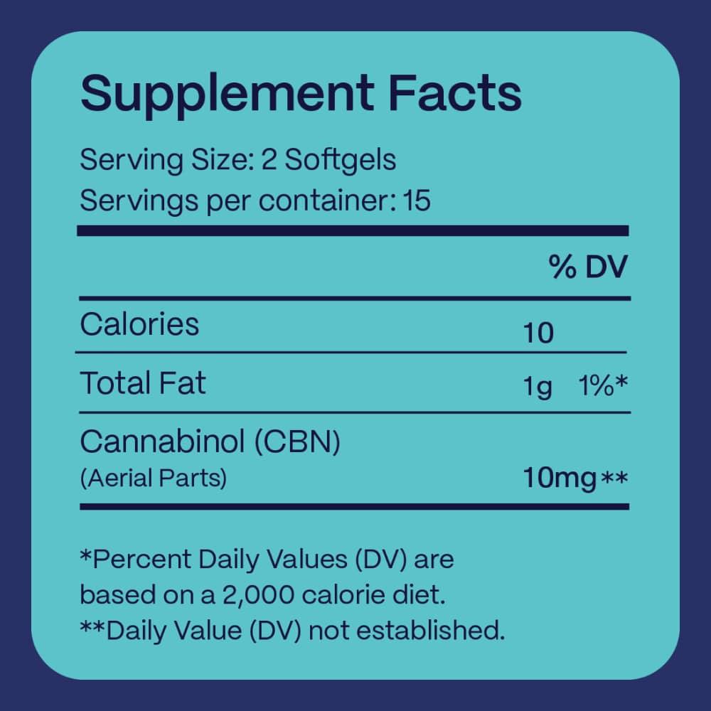 A label detailing the supplement facts for 'Slumber CBN Softgels,' showing serving size, calories, and CBN content per two softgels, against a blue background.