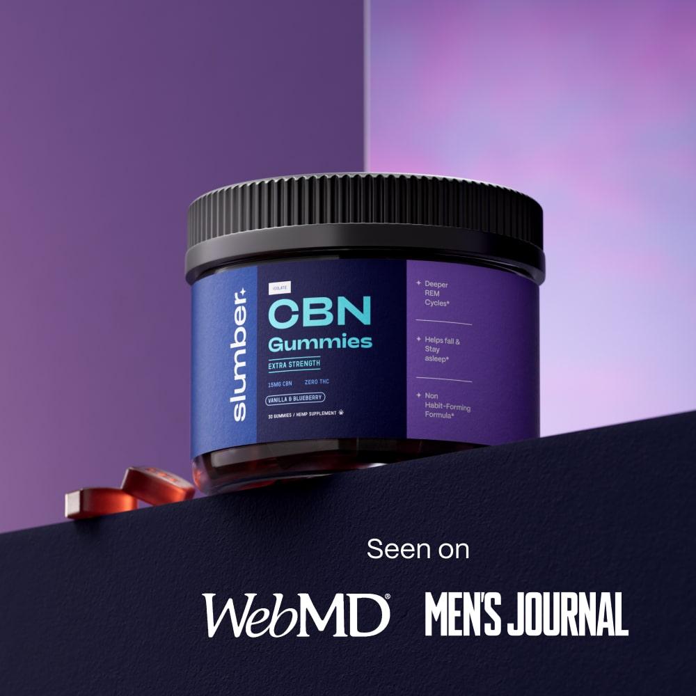 A container of 'Slumber Extra Strength CBN Gummies for Sleep' displayed with a purple hue backdrop, noting recognition from WebMD and Men's Journal for its quality and effectiveness.