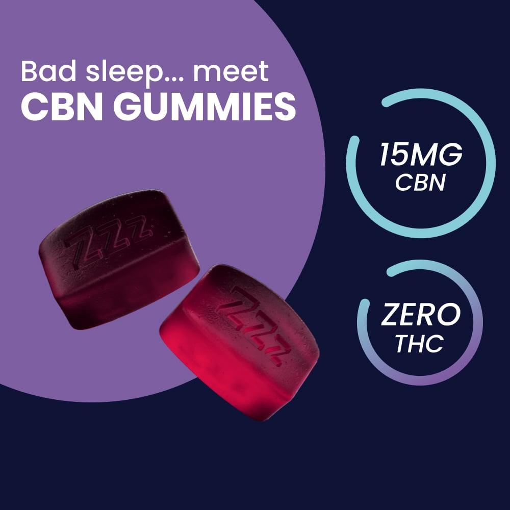 Two 'Slumber Extra Strength CBN Gummies for Sleep' against a purple background, each containing 15mg of CBN and boasting a zero THC formula, positioned as a remedy for poor sleep.