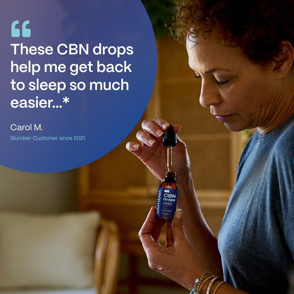 A customer preparing a dose of 'Slumber CBN Tincture for Sleep,' with a quote overlay stating the product helps with easier sleep, accompanied by the customer's name and their loyalty since 2021.