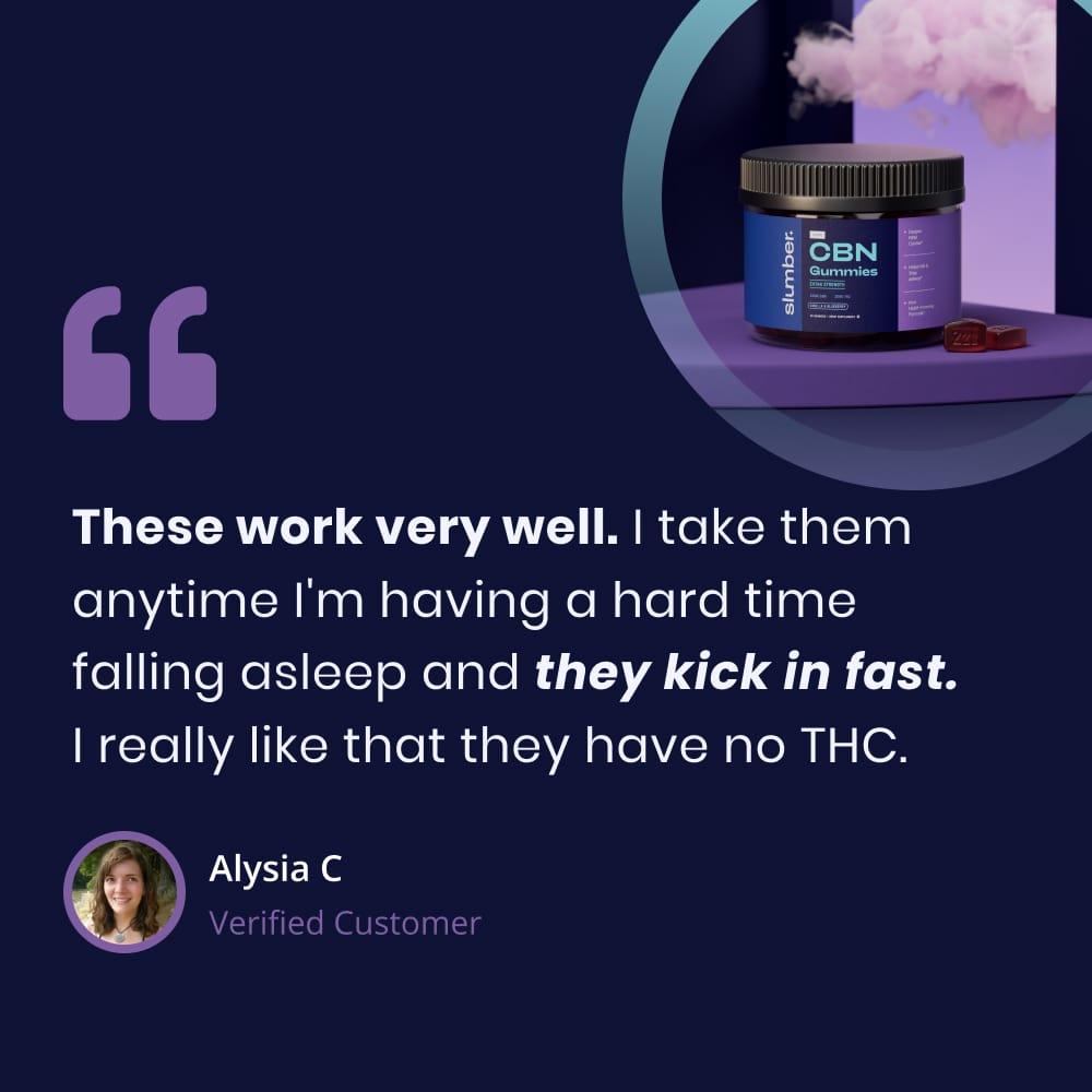 A customer testimonial from Alysia C., praising the 'Extra Strength CBN Gummies for Sleep' for their fast-acting effect and THC-free formulation, with the product container subtly visible in the background.