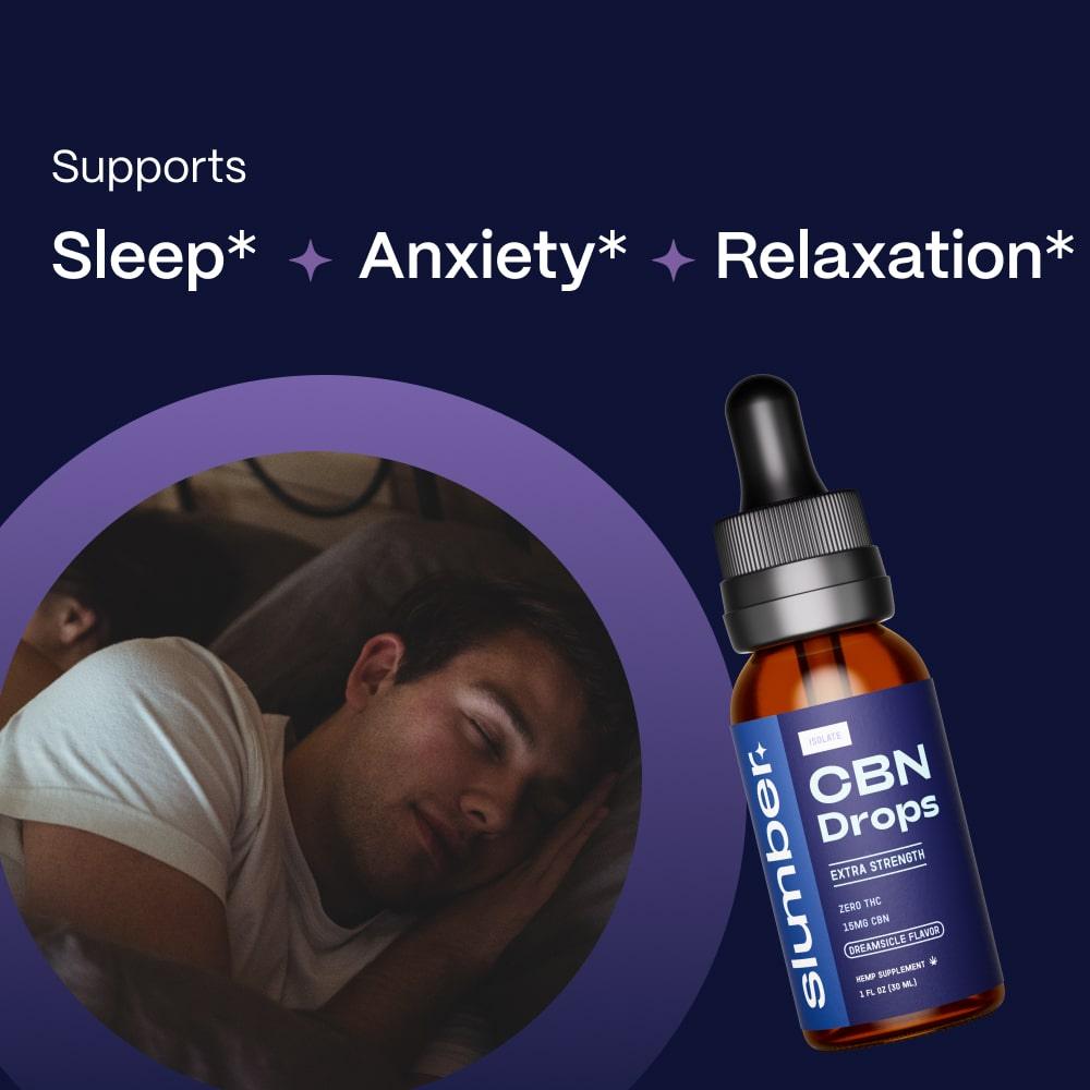 A visual juxtaposition featuring a person in deep sleep beside a bottle of 'Slumber CBN Drops,' with text overlay indicating support for sleep, anxiety reduction, and relaxation.