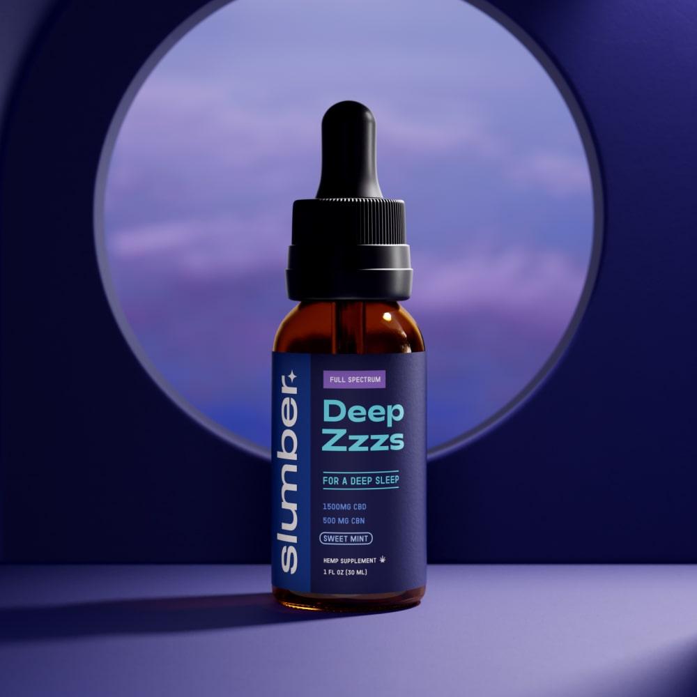 A bottle of 'Slumber Full Spectrum CBD & CBN Tincture' labeled 'Deep Zzzs' promising a deep sleep with 1500mg CBD and 500mg CBN in sweet mint flavor, showcased against a twilight-hued backdrop.
