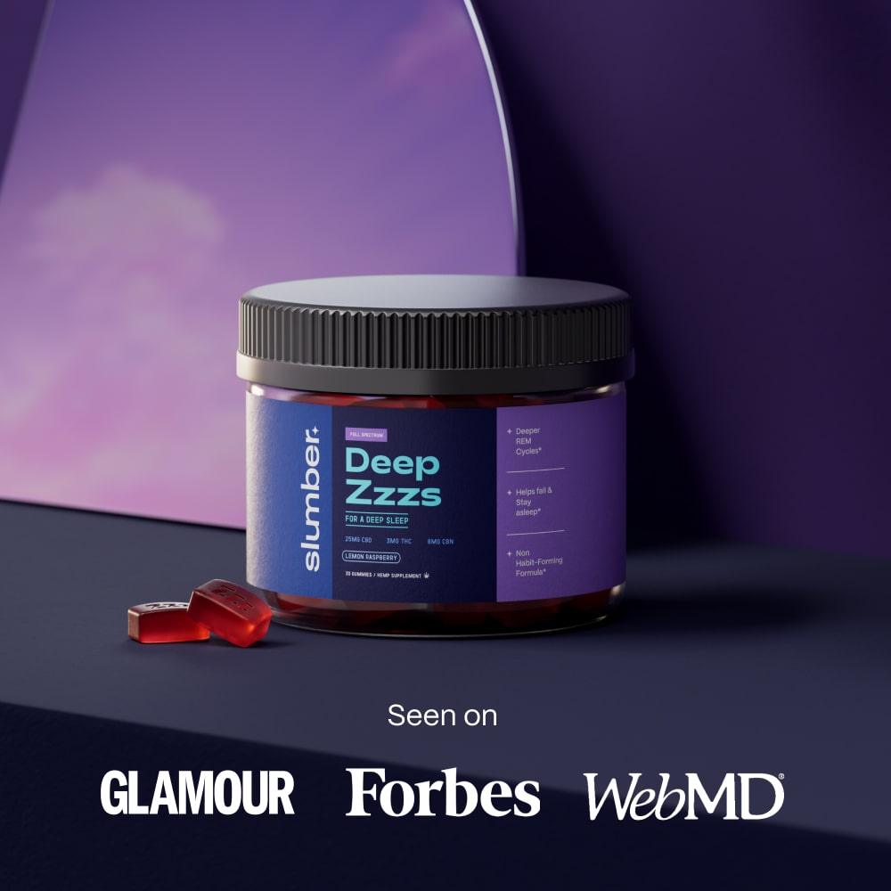 A supplement container of 'Slumber Deep Zzzs for a Deep Sleep' gummies is displayed in front of a purple backdrop, with mentions of deeper sleep cycles and a non-habit-forming formula. The product has been featured in GLAMOUR, Forbes, and WebMD publications.