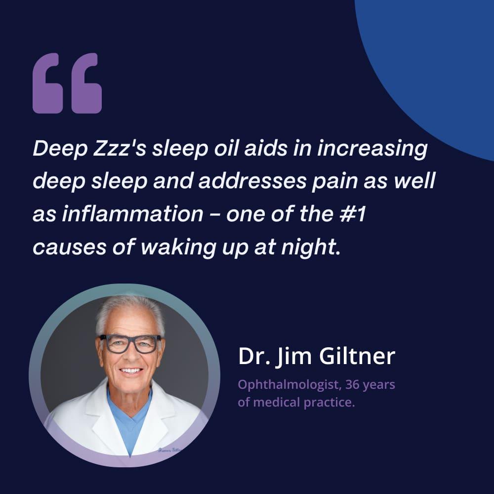 A quote from Dr. Jim Giltner, an ophthalmologist, endorsing 'Deep Zzzs sleep oil' for its benefits in increasing deep sleep and addressing pain and inflammation to prevent nighttime awakenings.