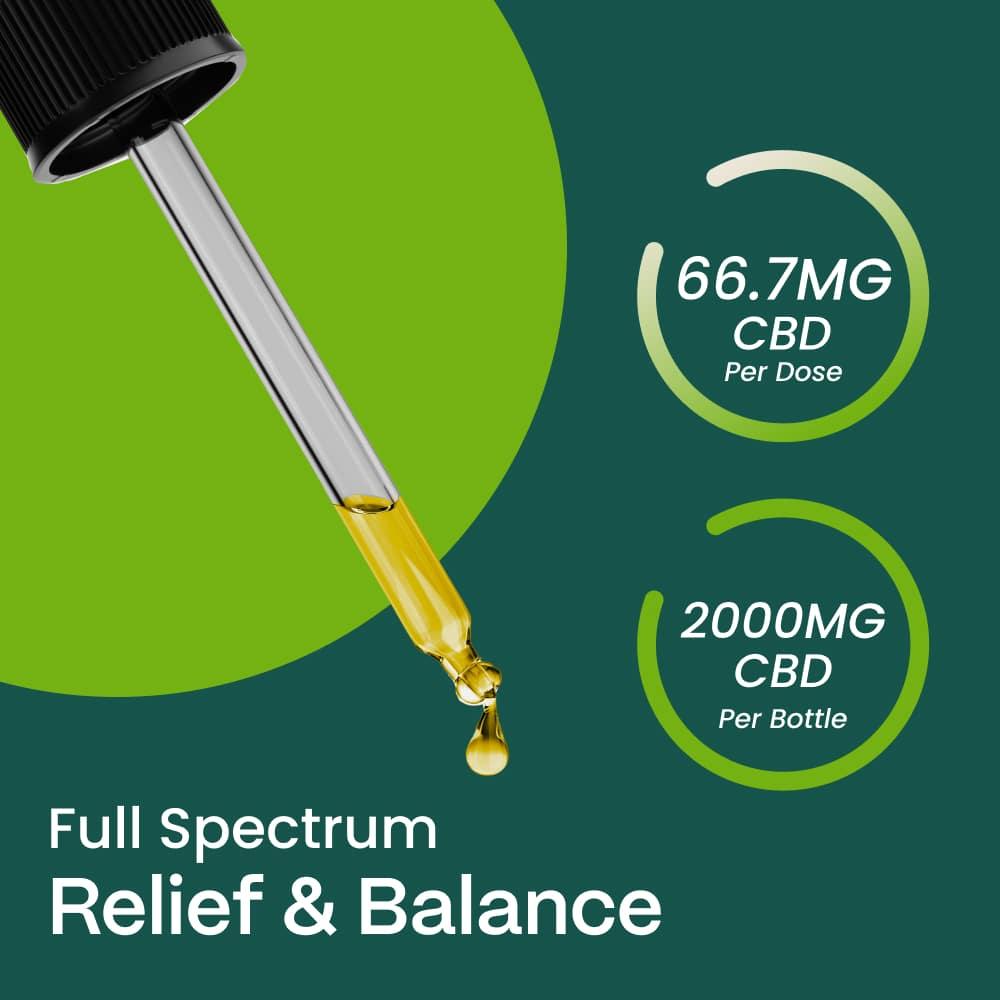 Infographic showing a close-up of a dropper with golden CBD oil, with accompanying text highlighting '66.7 mg CBD Per Dose' and '2000 mg CBD Per Bottle' for full spectrum relief and balance, against a vibrant green background.
