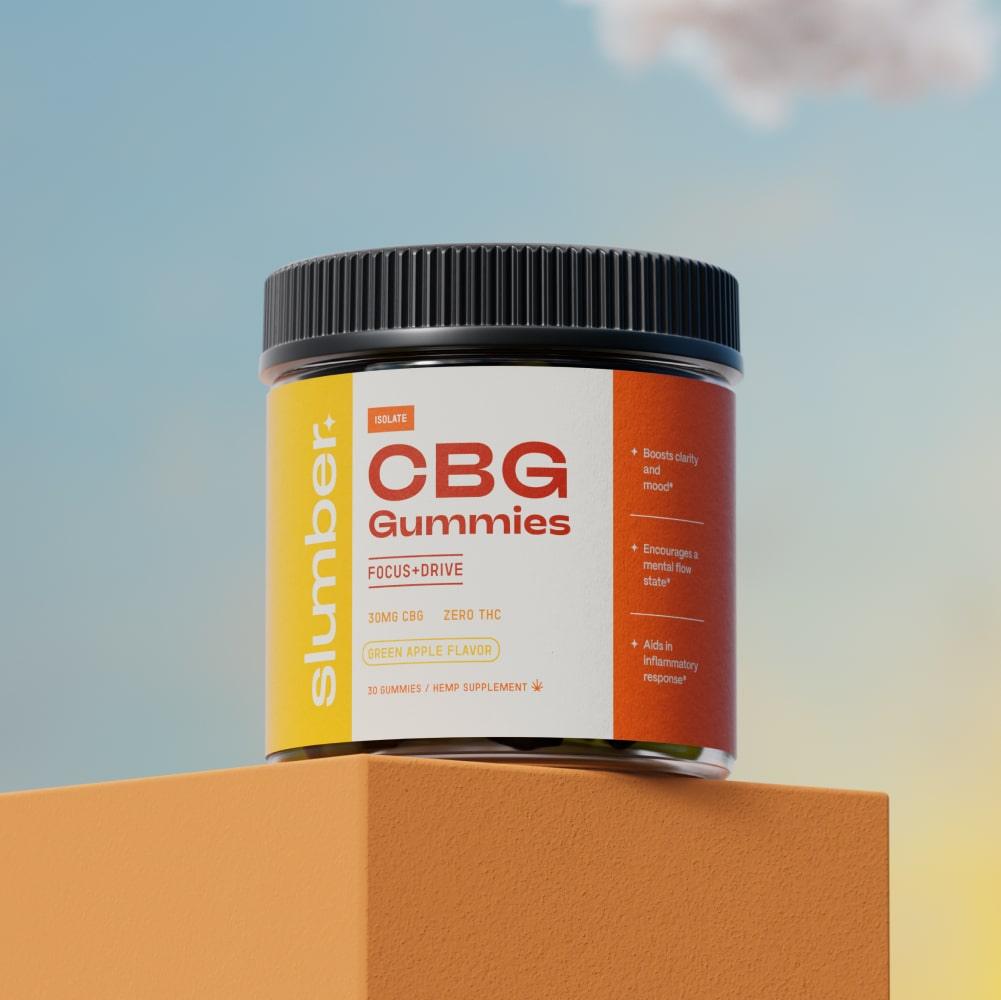 A container of 'Slumber Extra Strength CBG Gummies' in focus+drive green apple flavor, boasting 30mg of CBG and zero THC, set against a contrasting yellow and beige backdrop.