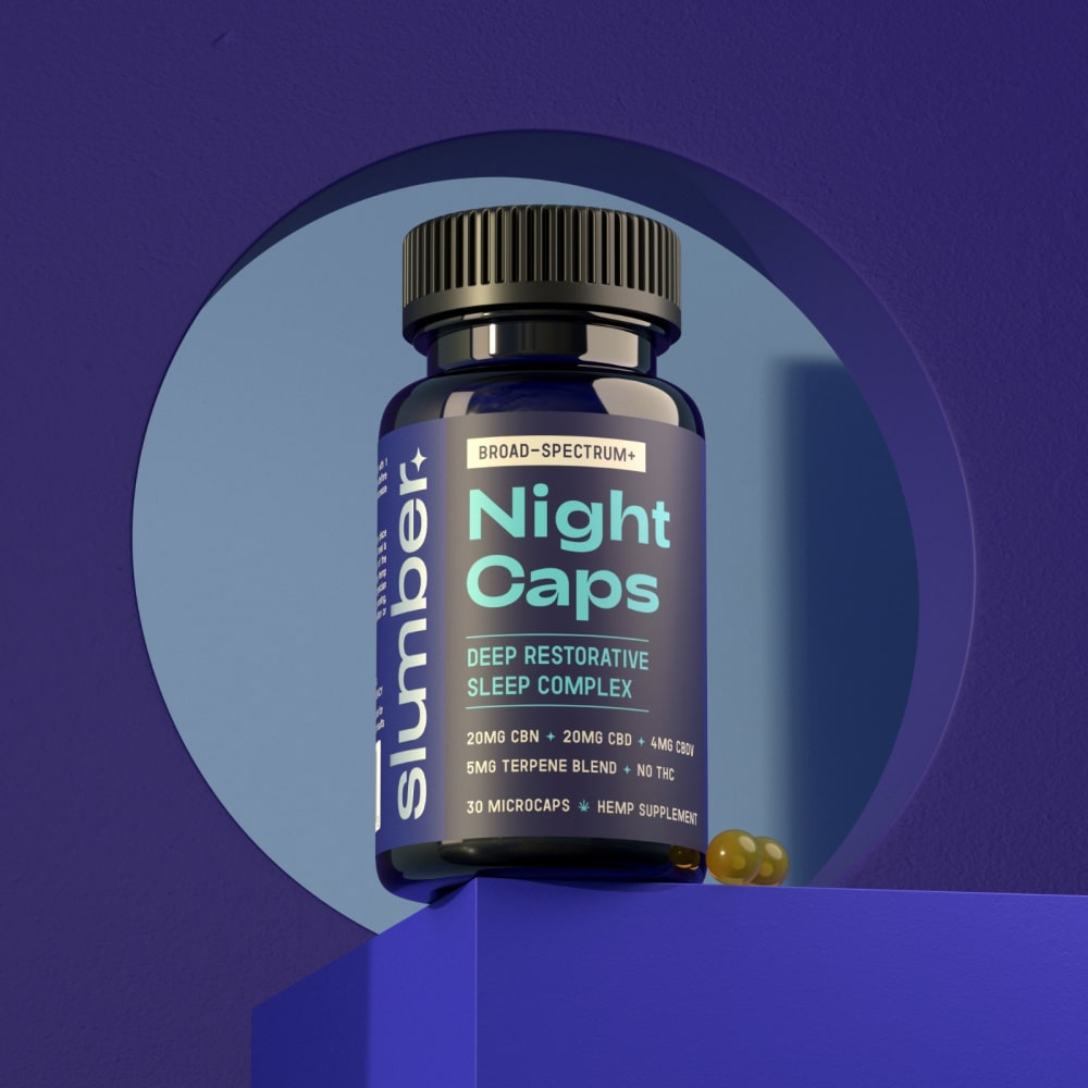 Jar labeled 'Rest & Renew Sleep Gummies' on a purple background with a 30-day money-back guarantee badge.