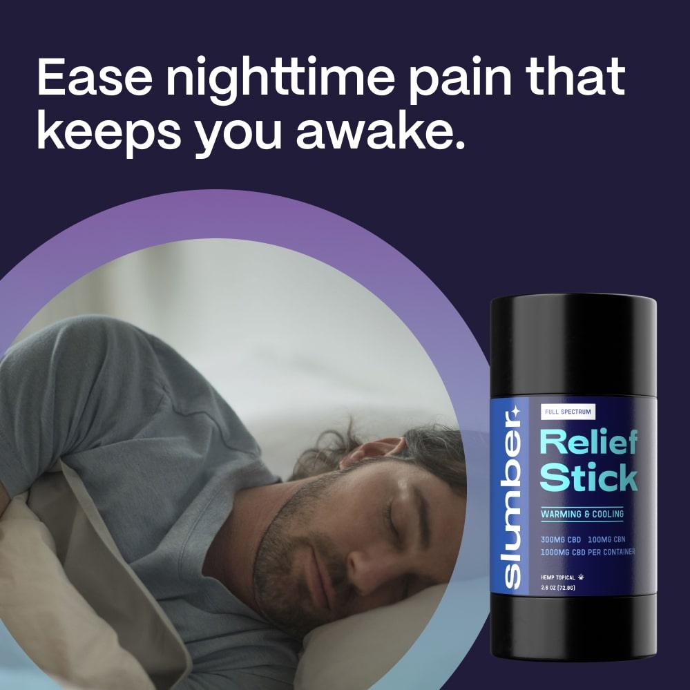 A man sleeping peacefully with a 'Slumber Relief Stick' displayed beside him, with text underscoring the stick's effectiveness in alleviating nighttime pain and its warming and cooling qualities, part of a full spectrum pain relief product line.