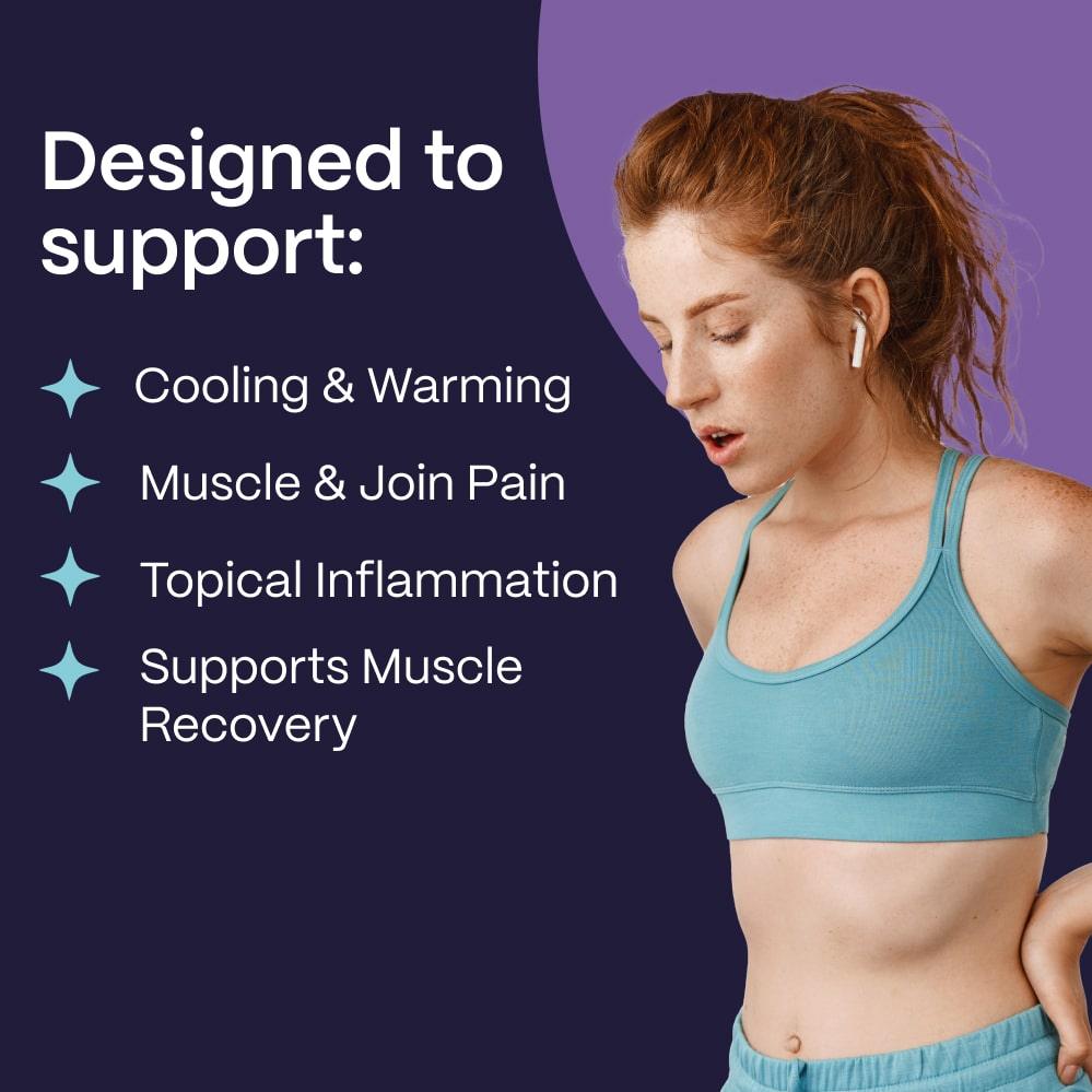 A fit woman in a teal sports bra closes her eyes and leans her head to the side against a purple backdrop, with accompanying text detailing the 'Slumber Relief Stick's' benefits for muscle and joint pain relief and muscle recovery.