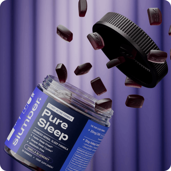 Jar of 'Pure Sleep cbn' supplements with a purple background
