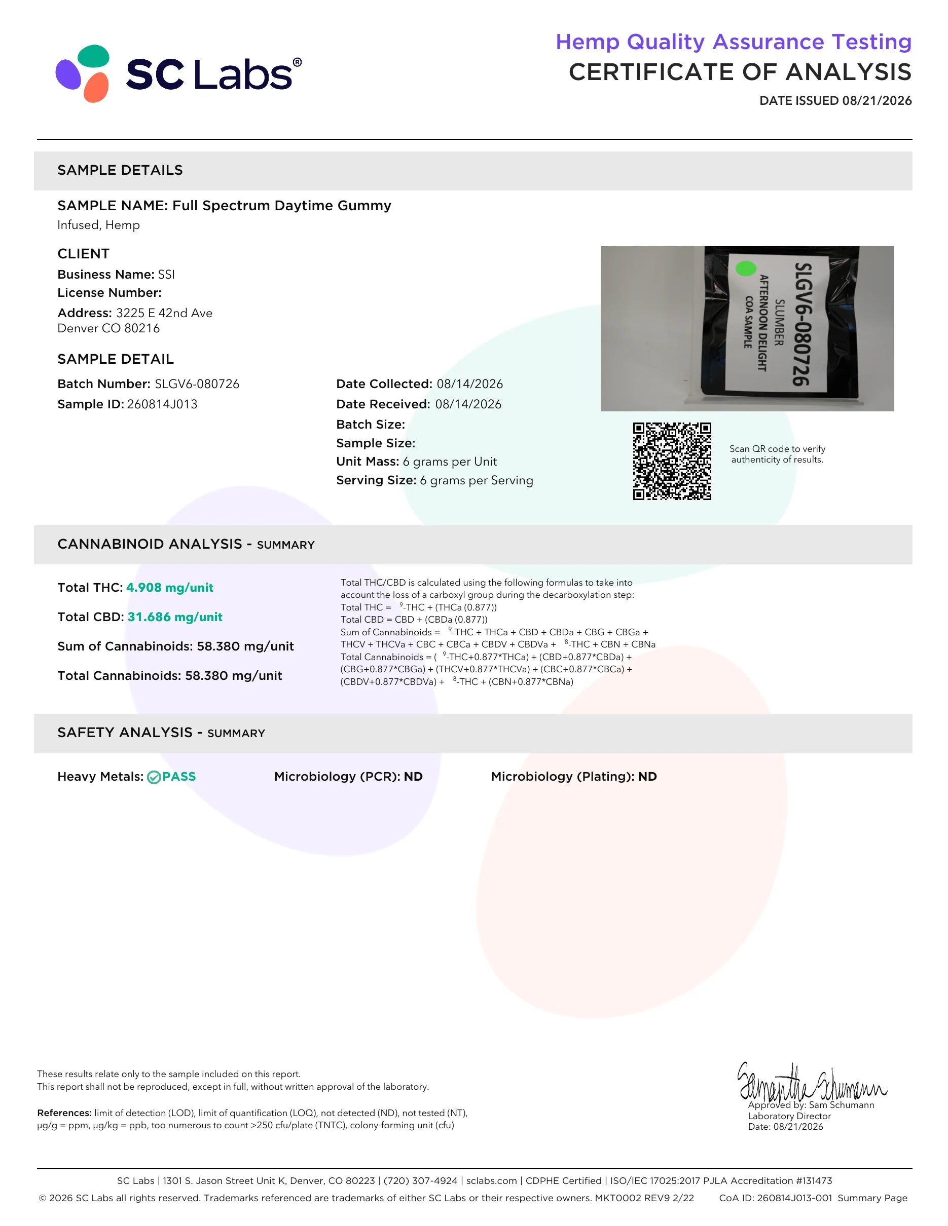 Certificate of analysis, page 1