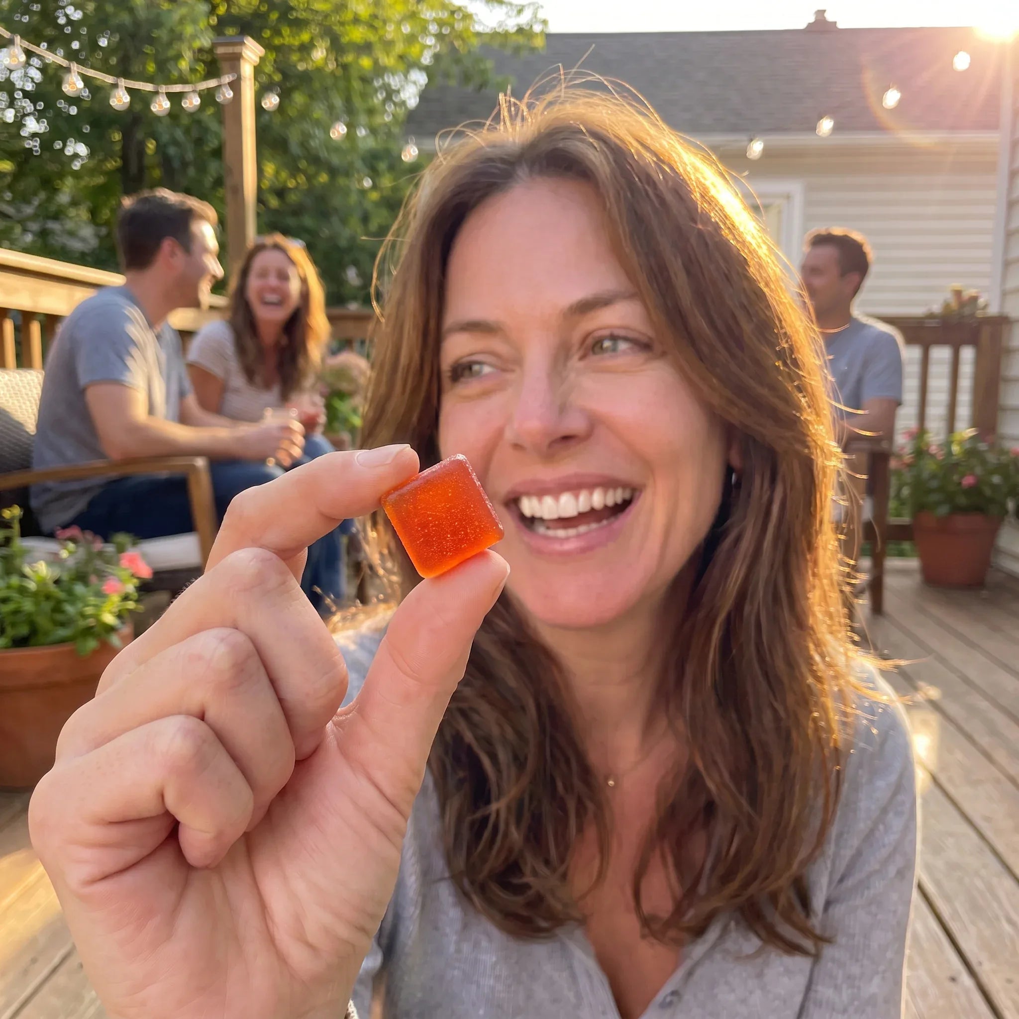 Hand holding a peach gummy outdoors